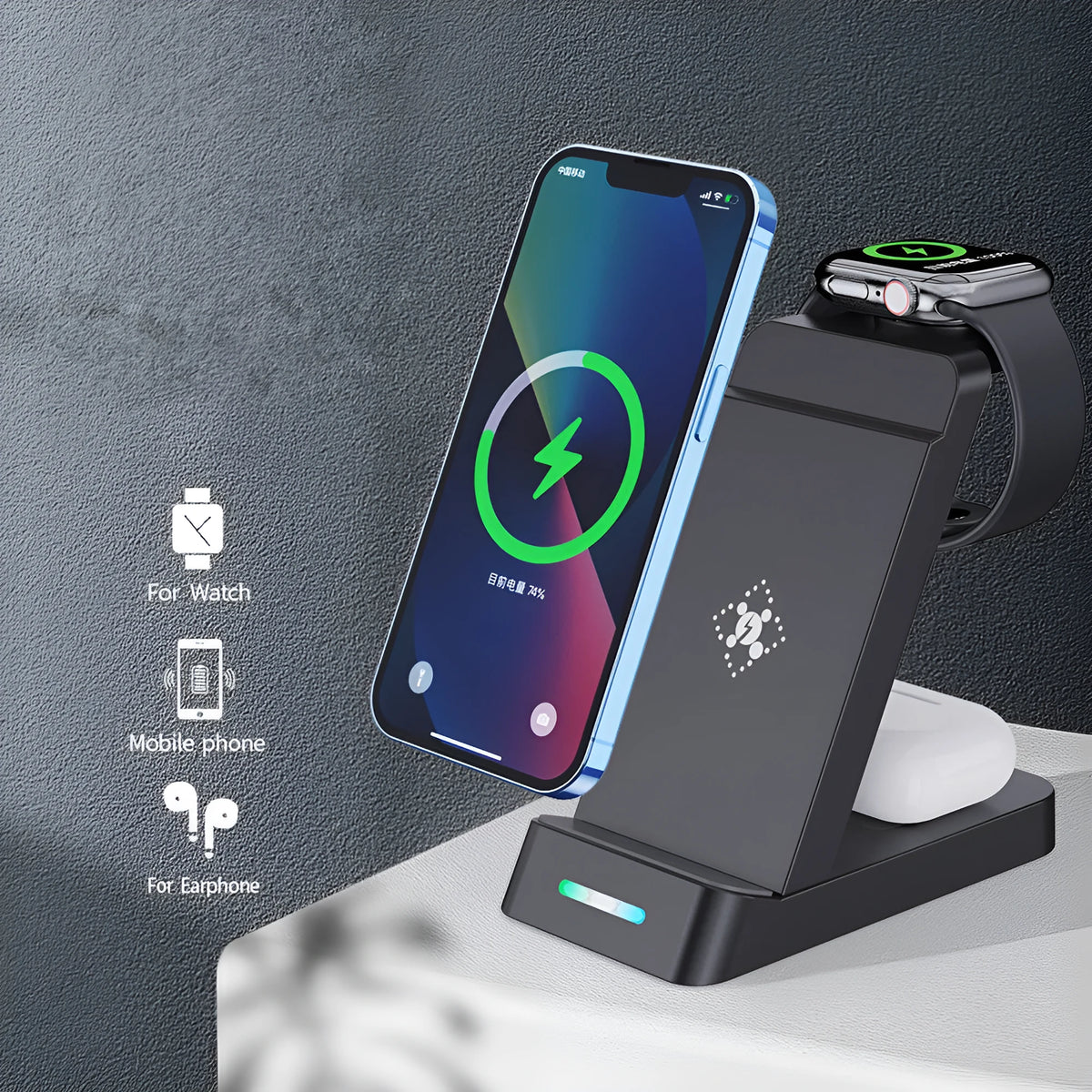 Black and white 65W three-in-one wireless charging station for phone, AirPods, and Apple Watch on a desk.