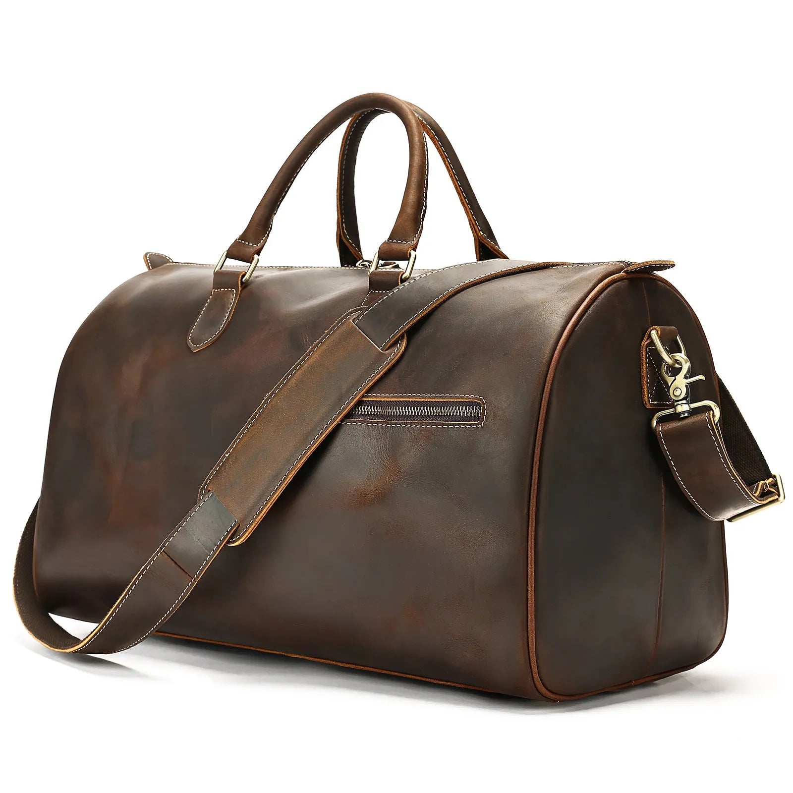 Large vintage brown leather crossbody bag for men with shoulder strap.