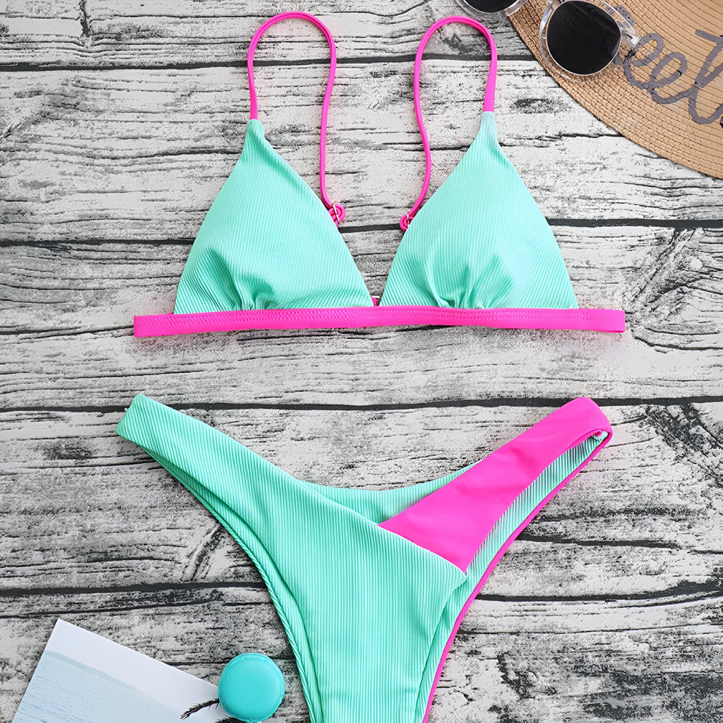 Women's two-piece nylon swimsuit bikini in briefs style, showing pattern design options.