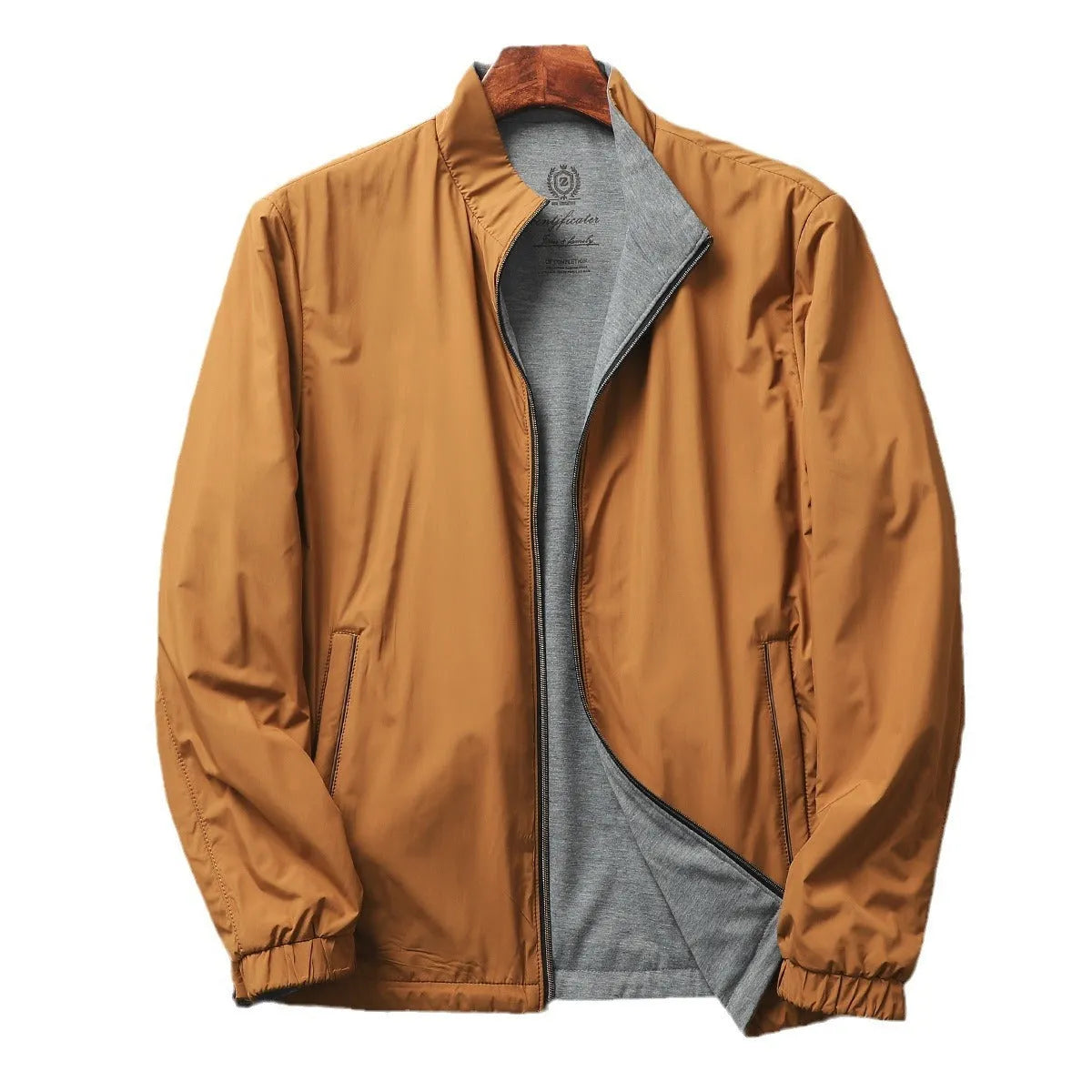 Men's stand collar casual jacket in polyester blend shown in army green colour.