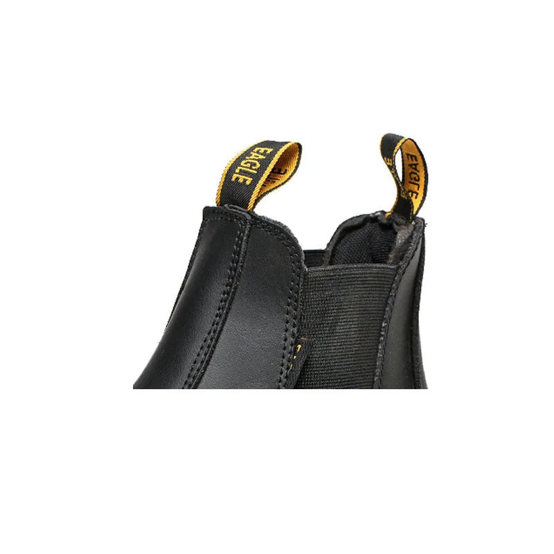 Black leather safety boots with high-top design and steel anti-piercing midsoles for workplace protection