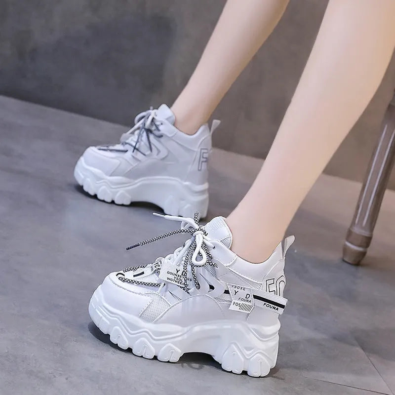 Women's white mesh platform sports shoes with cross-strap and rubber sole