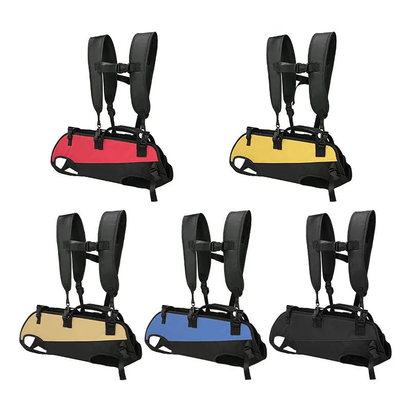 Soft Oxford cloth pet backpack shown in black, functioning as both a carrier and an emergency walking stretcher for dogs.