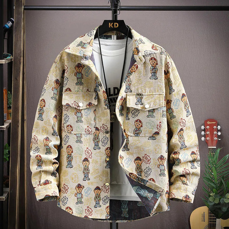 Men's casual lapel shirt coat jacket in polyester fabric with straight hem design.