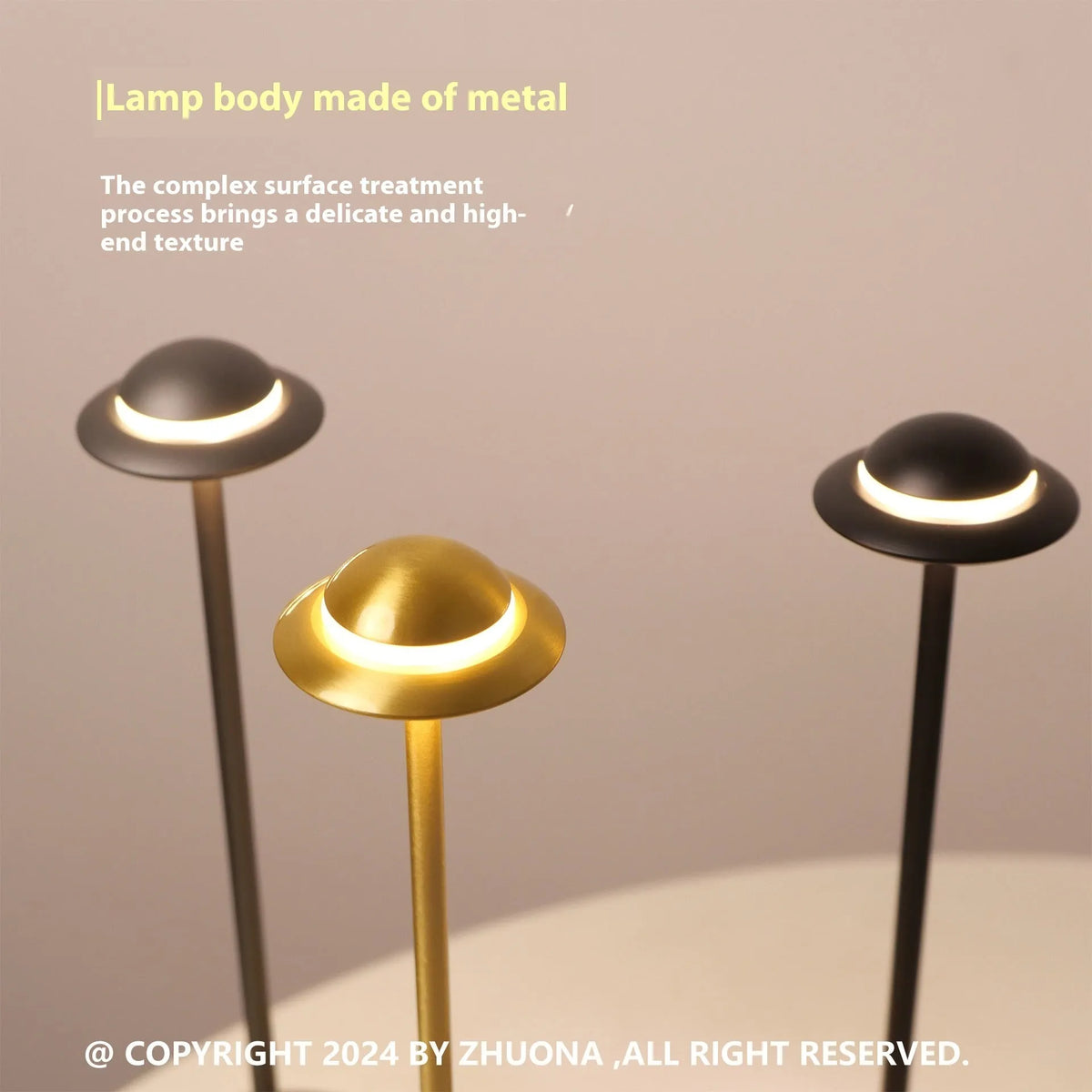 UFO-shaped metal table lamp with touch dimming in black, gold or grey finish