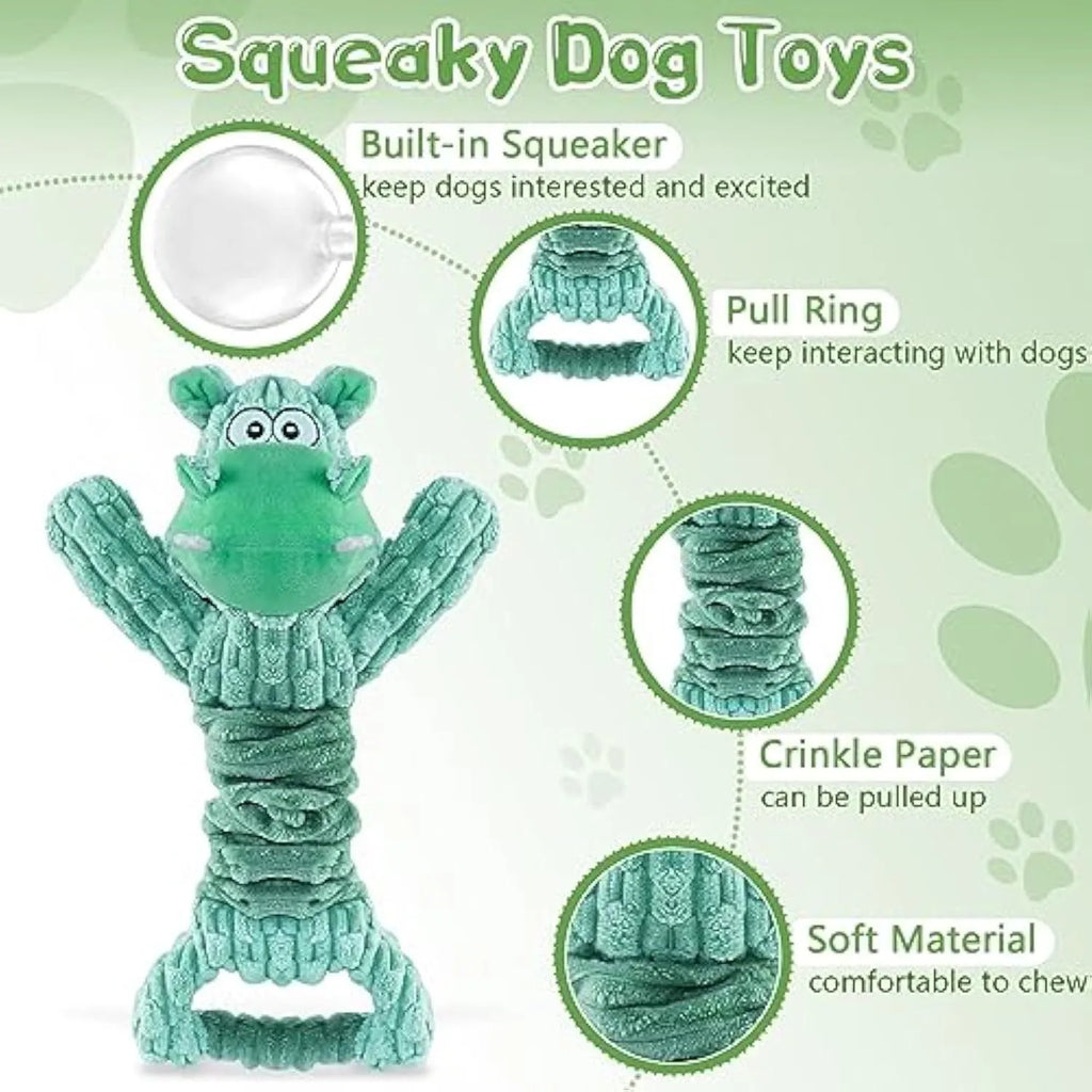 Large plush squeaky dog toy with telescopic handle in hippo or monkey design for interactive indoor play