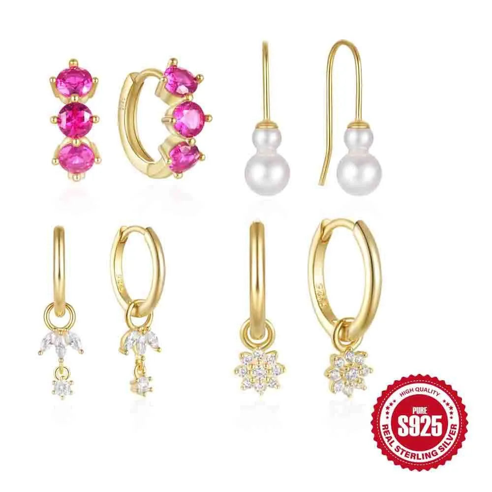 Geometric sunflower design earrings in 925 Sterling Silver with golden three diamonds colour and inlaid zircon stones