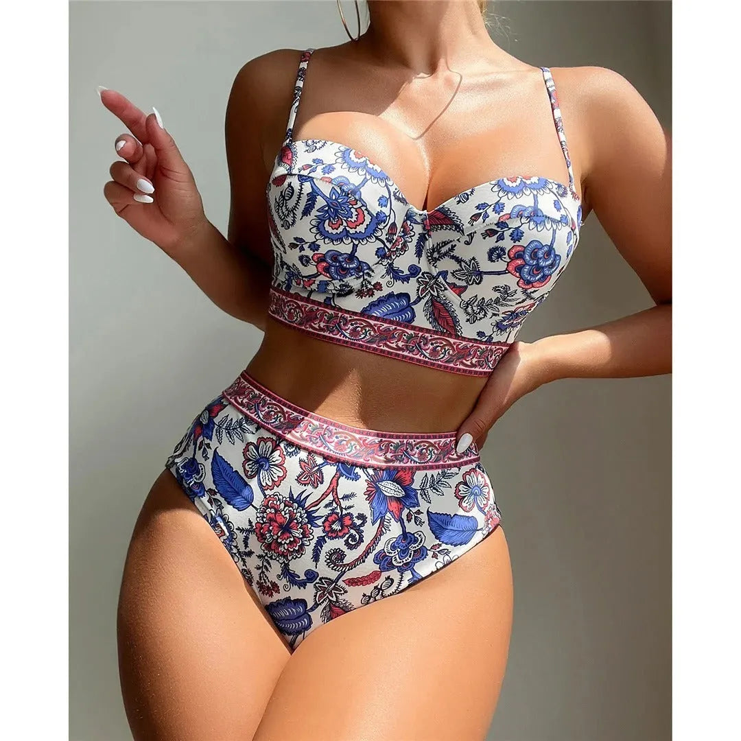 Blue women's high waist bikini with push-up top on a mannequin.
