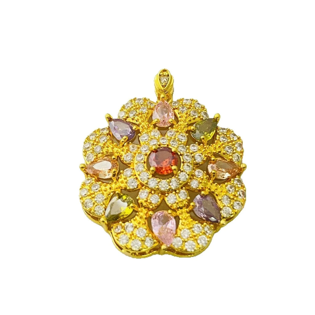 Women's zircon flower pendant necklace in gold, champagne gold, or platinum colour with optional chain