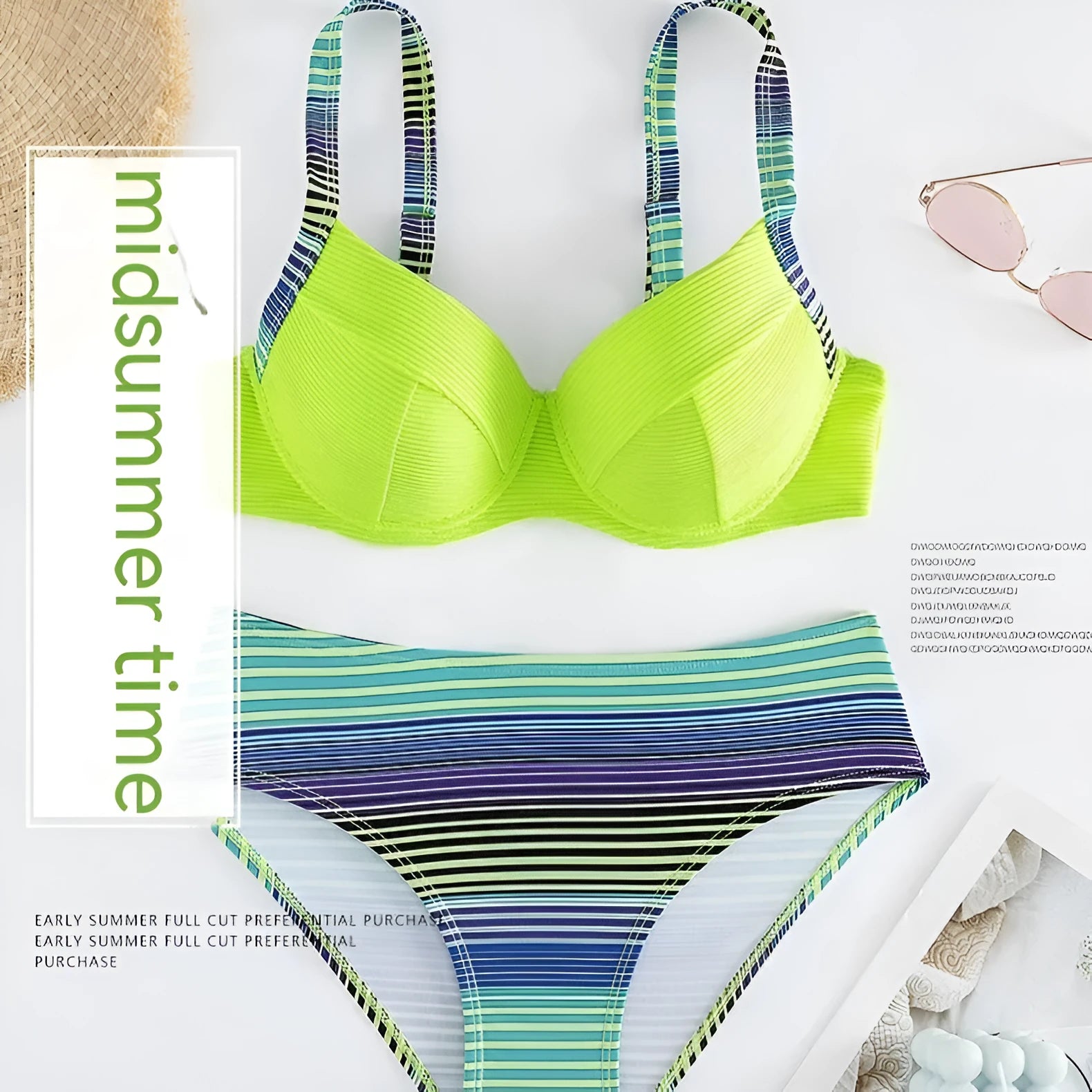 Green printed women's bikini set with halter triangle top and split briefs on white background