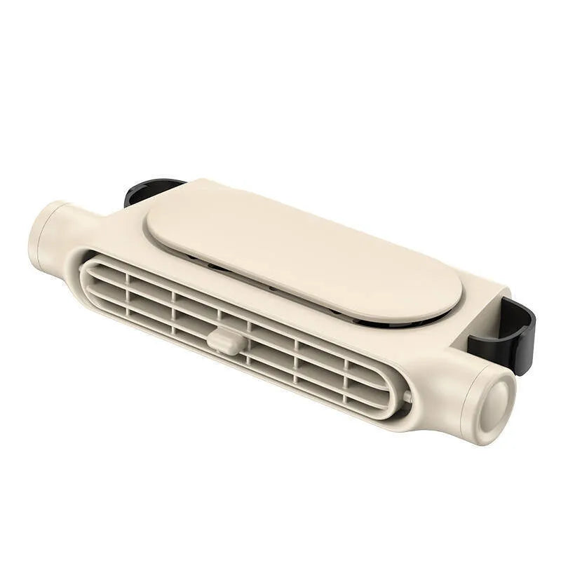 USB-powered black car seat fan with velcro strips, shown on a car seat with a connected data cable.