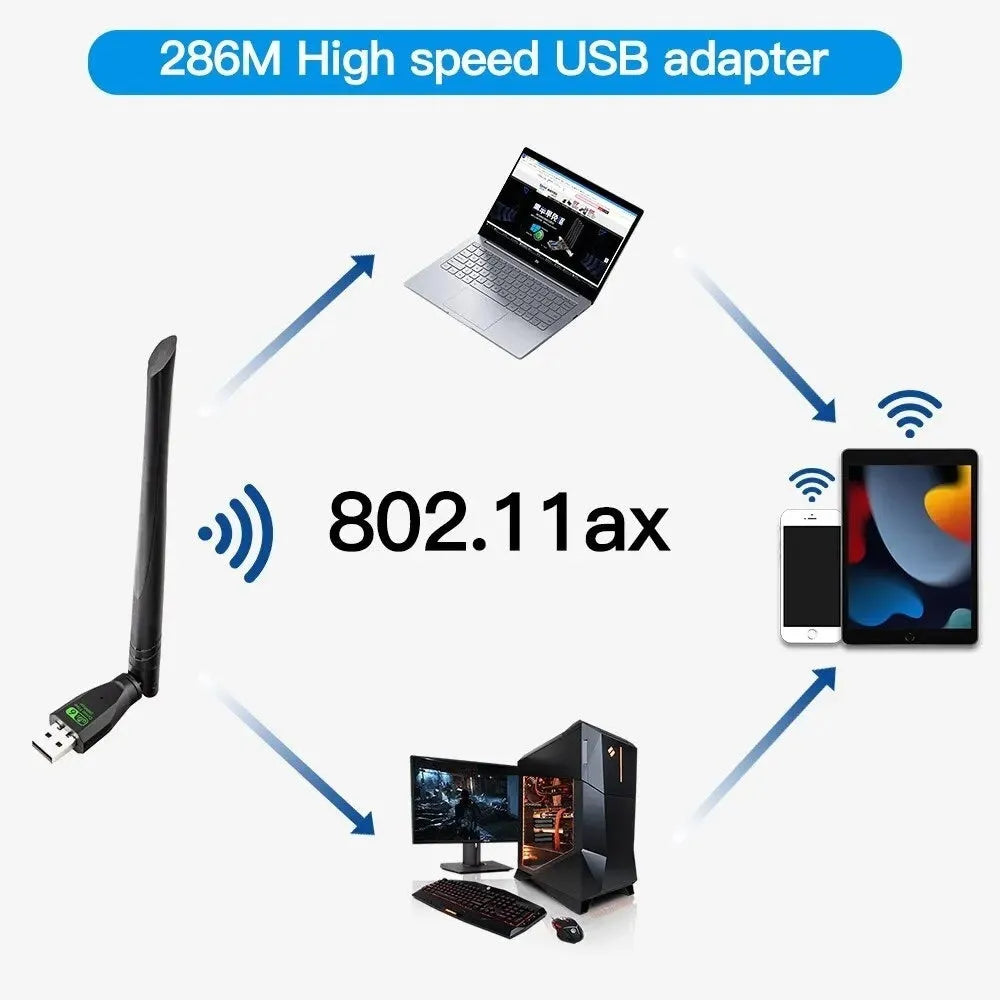 Black USB WiFi6 wireless network card with driver-free operation for Windows PC laptop connectivity