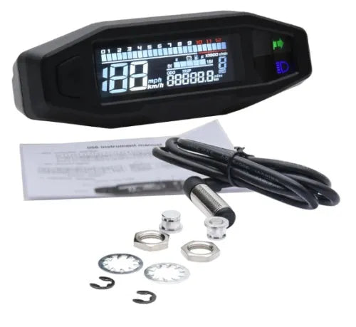 Black mini motorcycle speedometer LCD unit showing fuel gauge and display.