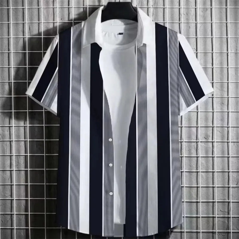 Man wearing a linen t-shirt with a striped and 3D printed graphic design.
