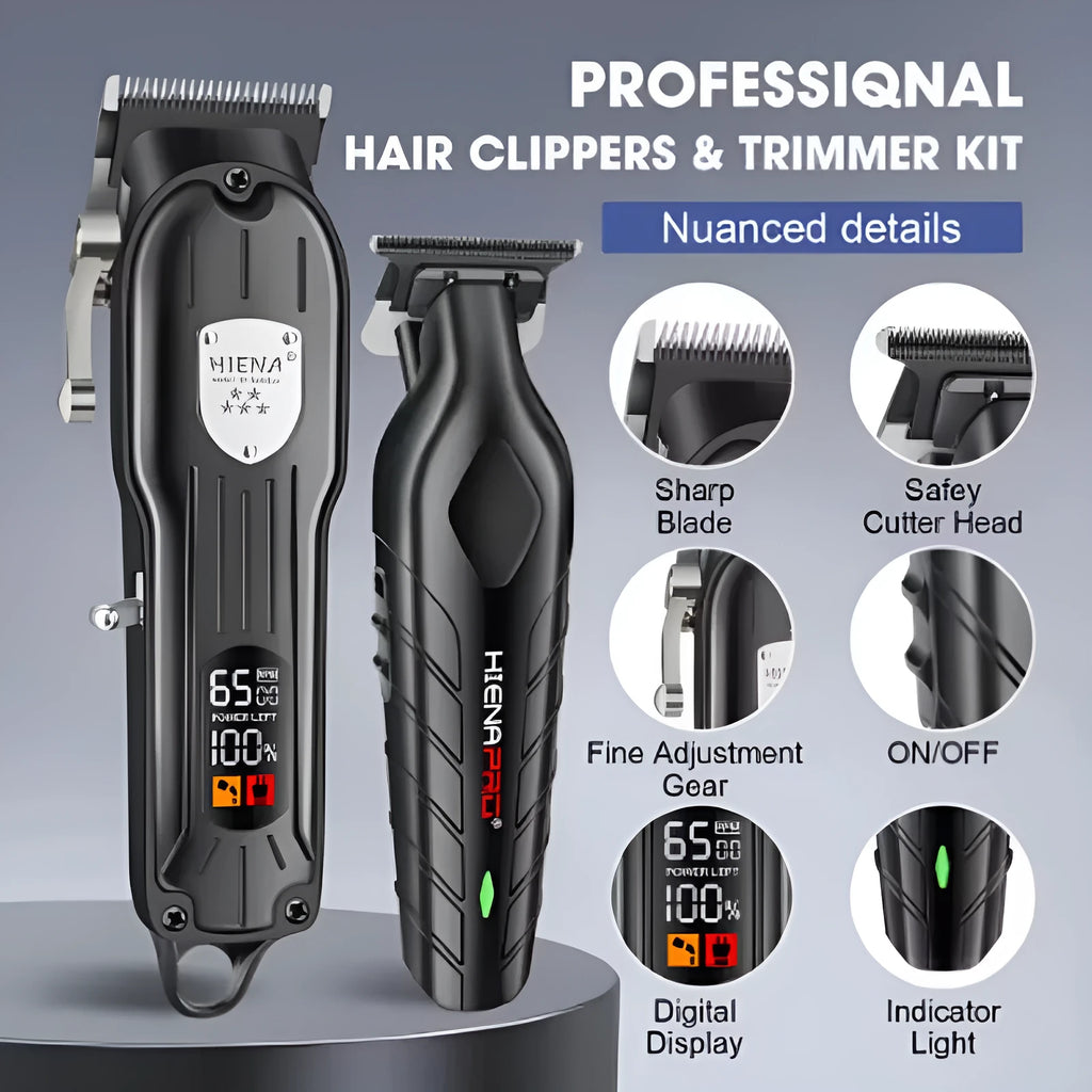 Black professional hair clipper set with LED display and adjustable length lever