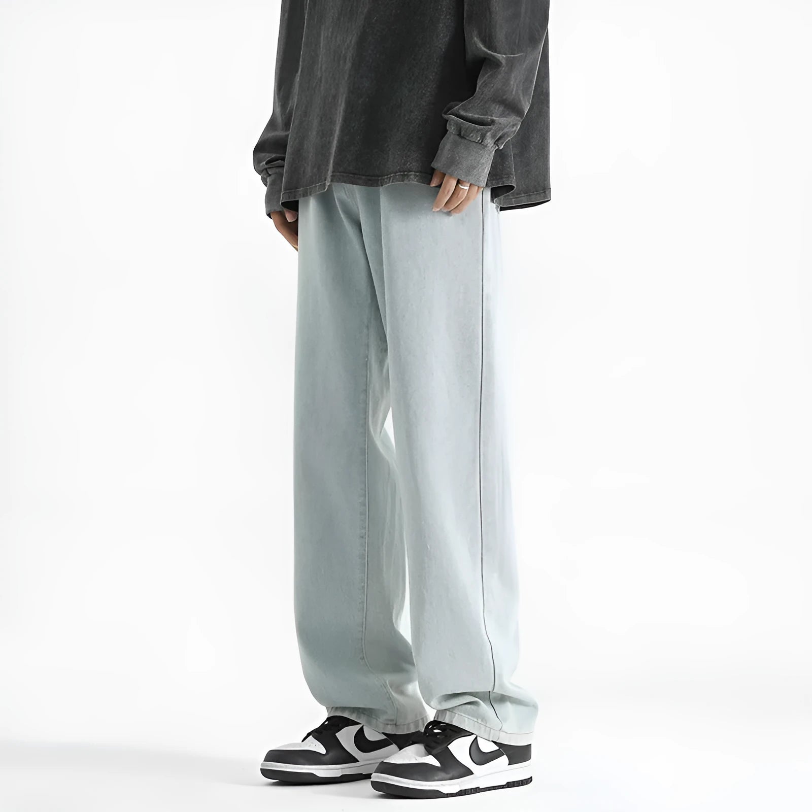 Men's washed light blue straight leg jeans with button waist in cotton denim