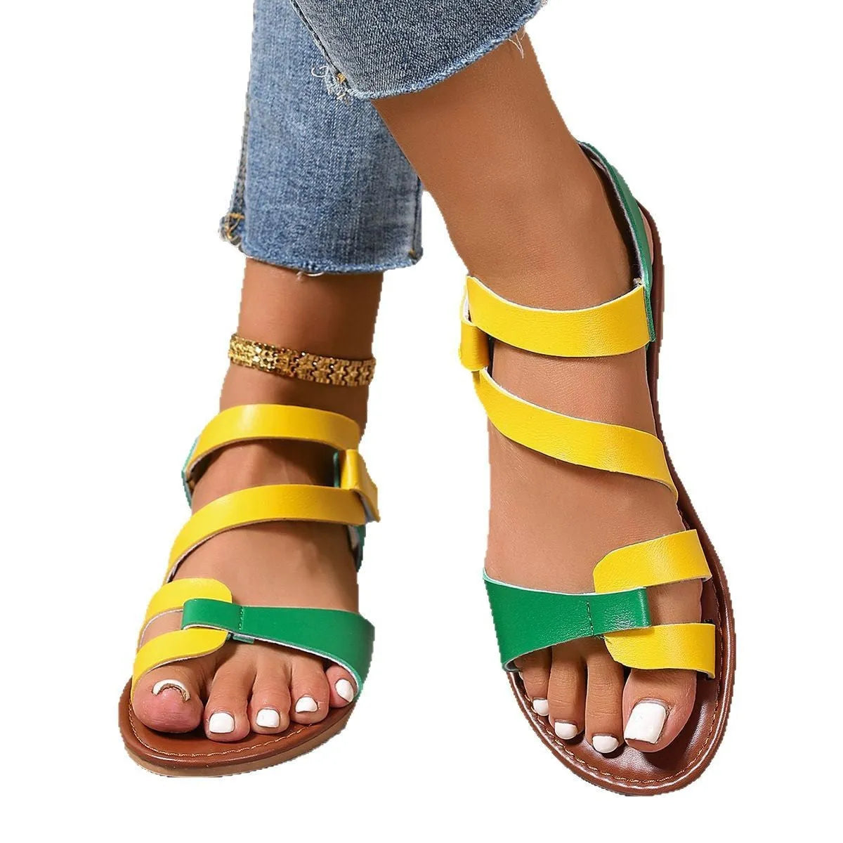 Women's flat sandals with a Velcro strap closure, shown in a choice of colours on a rubber sole.