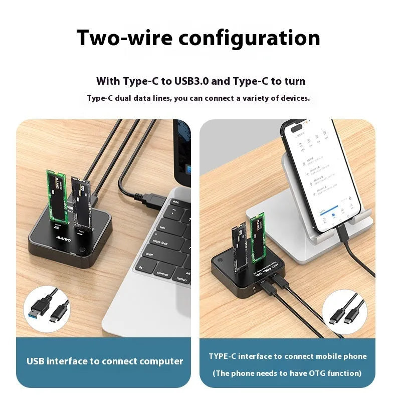 MAIWO K3016 M.2 SSD duplicator dock with USB-C cables and power adapter