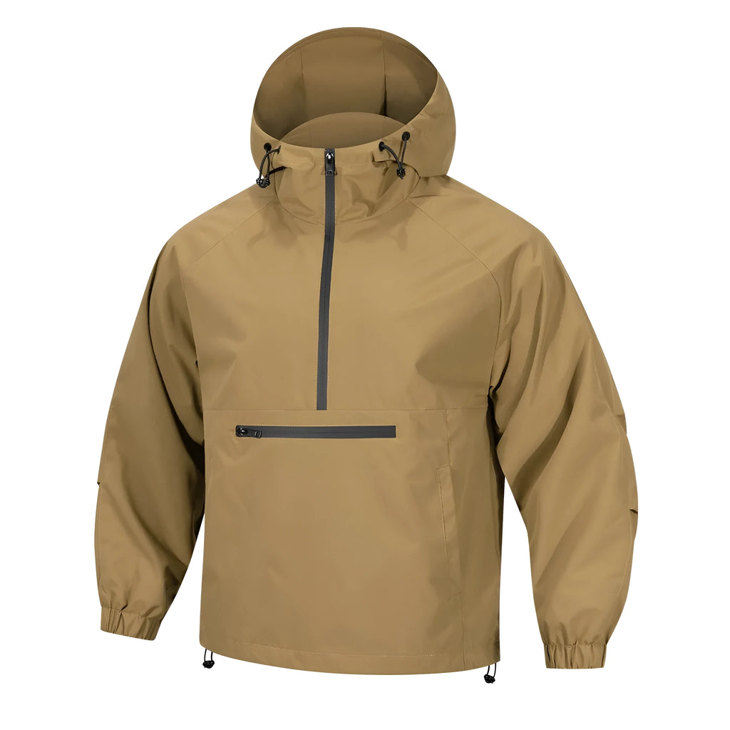 Man wearing a light grey loose-fit Korean-style hooded corduroy jacket with a half-zip front.