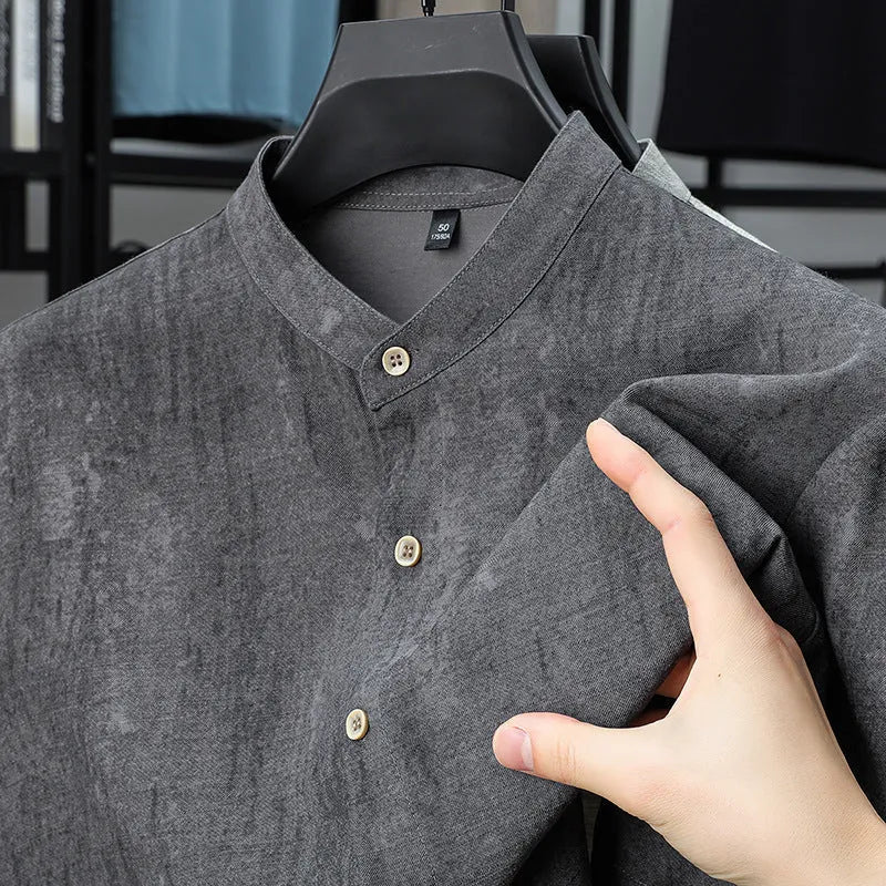 Men's loose fit cardigan shirt with stand collar in solid grey colour