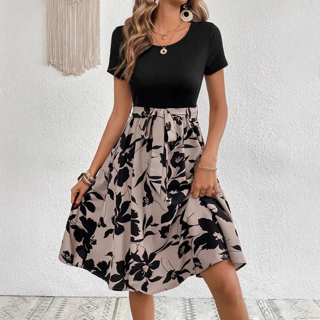 Women's printed lace-up A-line dress in khaki colour with shoulder strap detailing