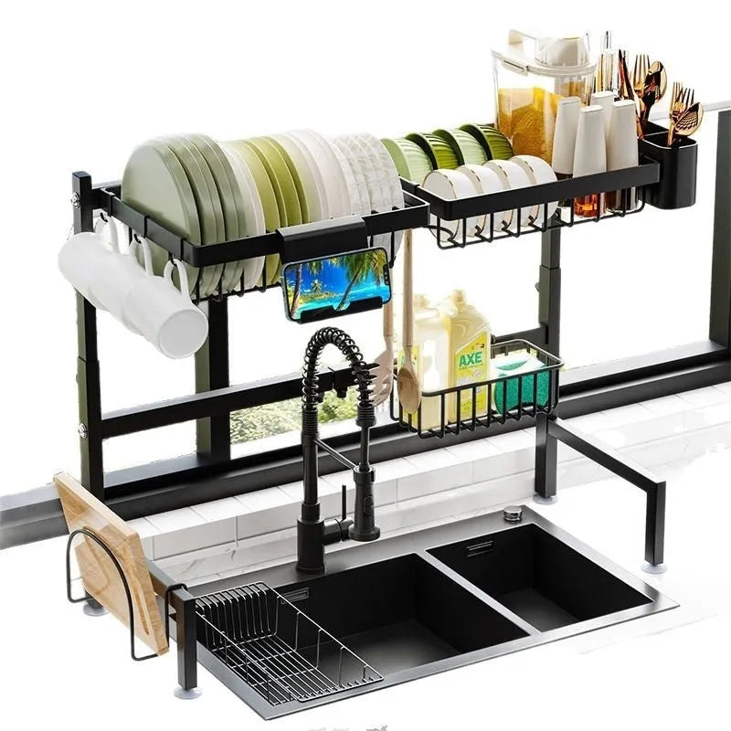 Black metal retractable sink draining rack for water pots, shown for sink or table top use