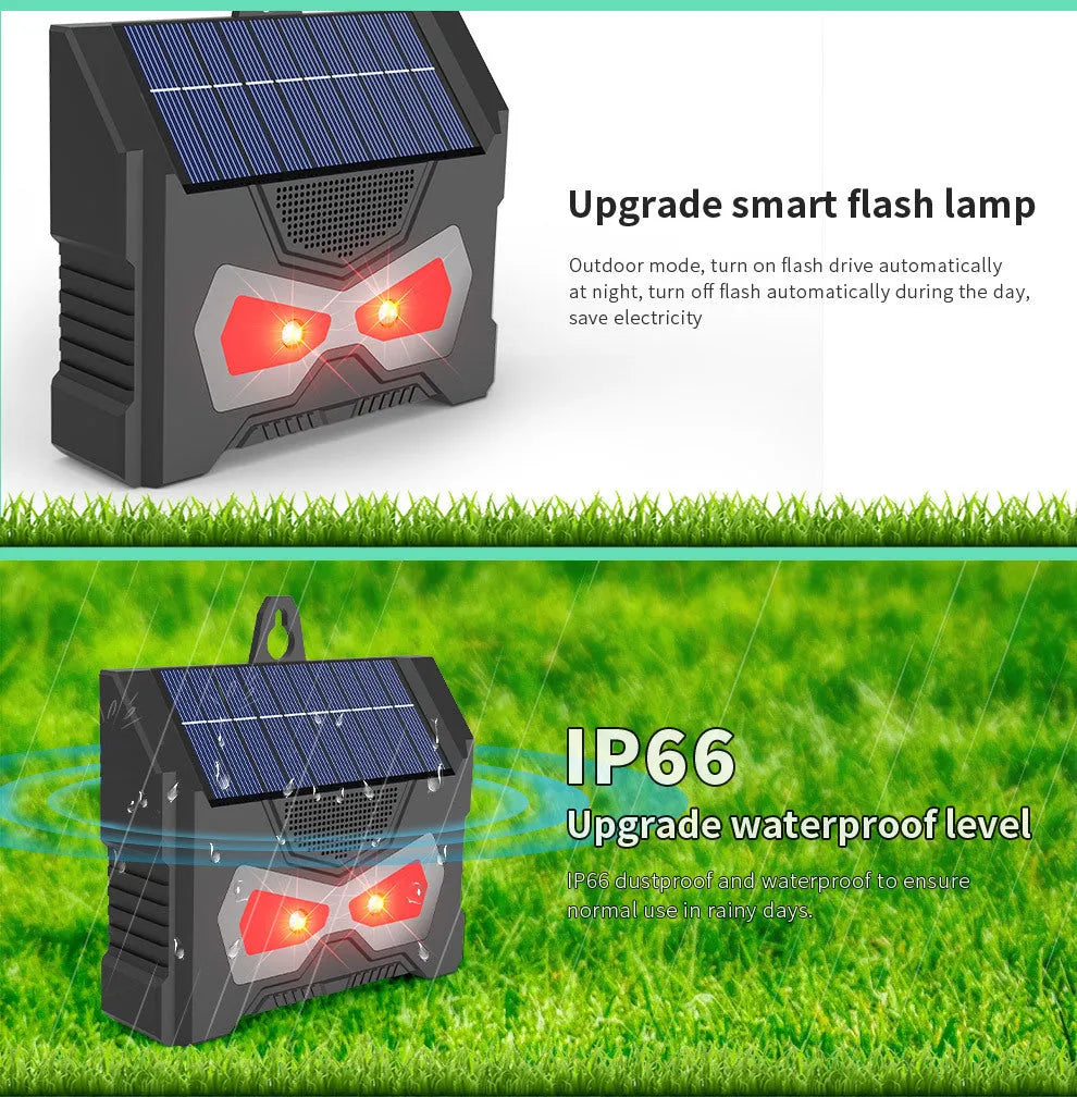 Black animal-shaped outdoor ultrasonic repeller with solar panel on top.