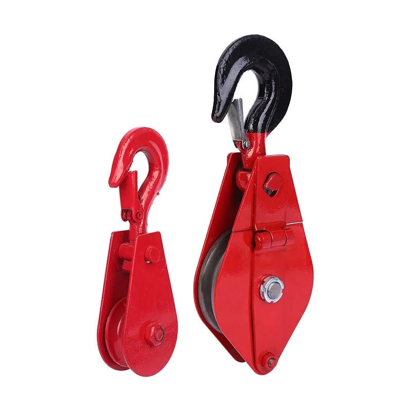 Red industrial lifting pulley with safety latch, forged from A3 steel.