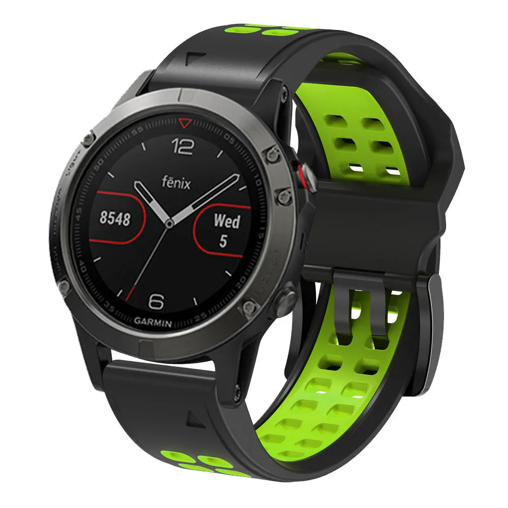 Quick release double-row hole silicone watch strap in Army Green Black colour, showing pin buckle and two width options: 22mm and 26mm.