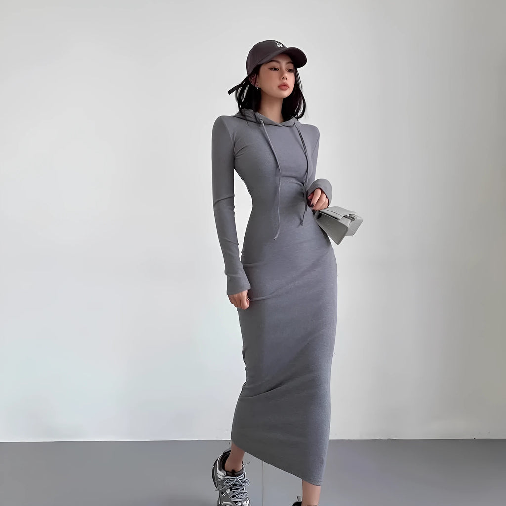 Women's long sleeve hooded sheath dress in polyester, shown in a neutral colour on a model.