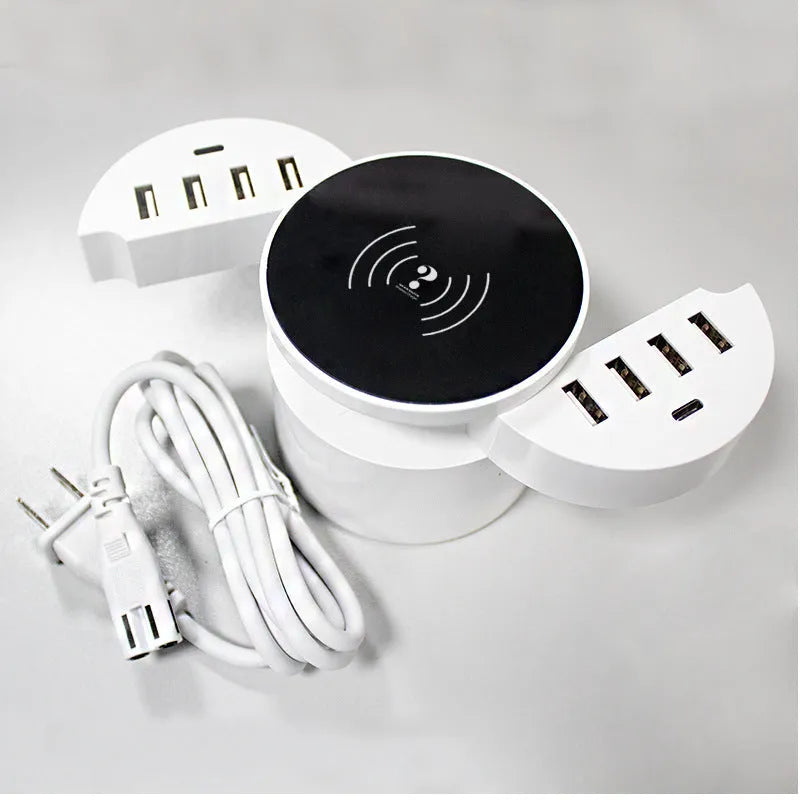 Ceramic white circular wireless smartphone charger with multiple ports and 1.5 metre cable