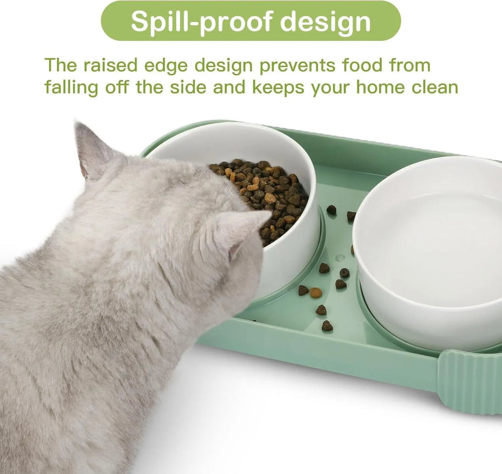 Green ceramic elevated cat bowls with 15 degree tilt on non-slip base
