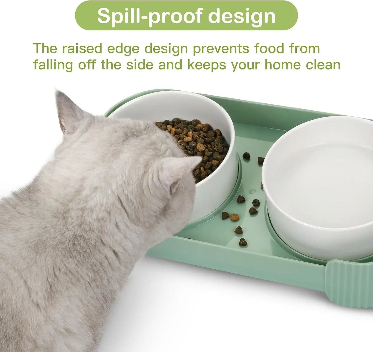 Green ceramic elevated cat bowls with 15 degree tilt on non-slip base