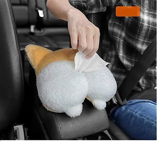 Yellow corgi butt shaped soft polyester car tissue box cover hanging on a sun visor.