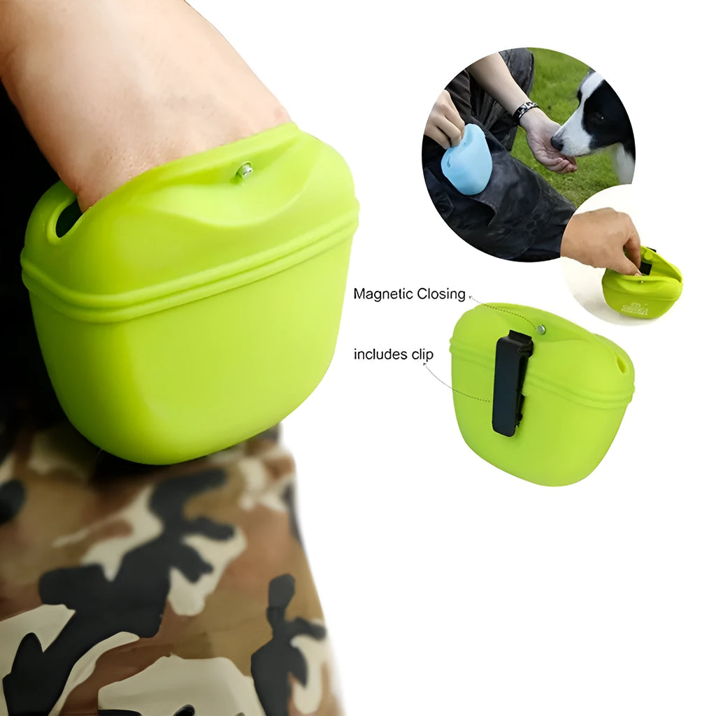 Silicone dog treat waist bag with magnetic closure and belt clip in multiple colour options