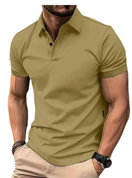 Men's slim fit short sleeve button shirt in a solid colour, showing front button closure.