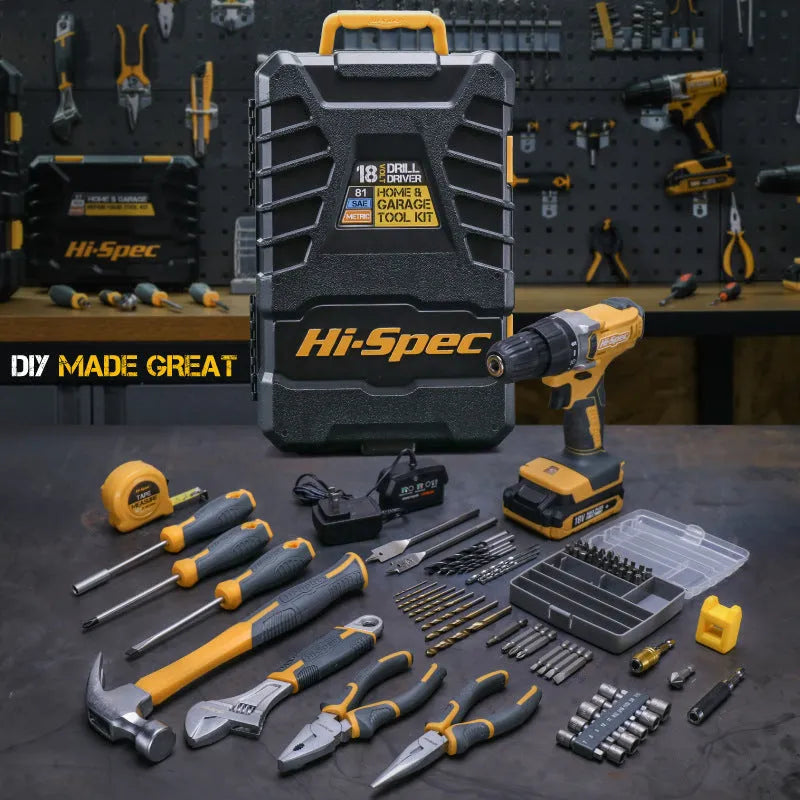 82-piece grey yellow tool combo set for furniture installation in storage case with chrome-vanadium steel tools