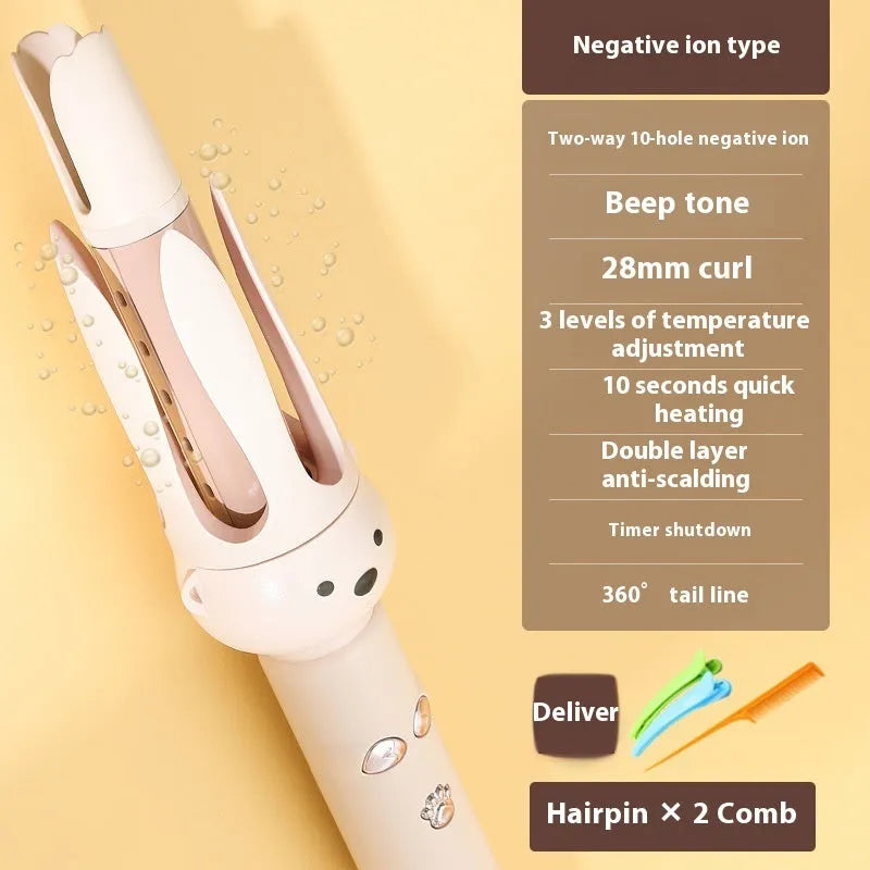 Beige anion automatic hair curler with FS-H208 negative ion technology and multiple plug options