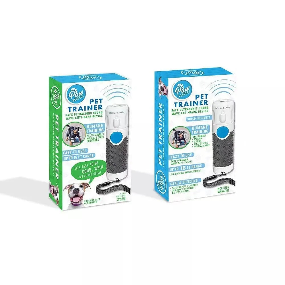 White handheld ultrasonic dog bark control device on plain background