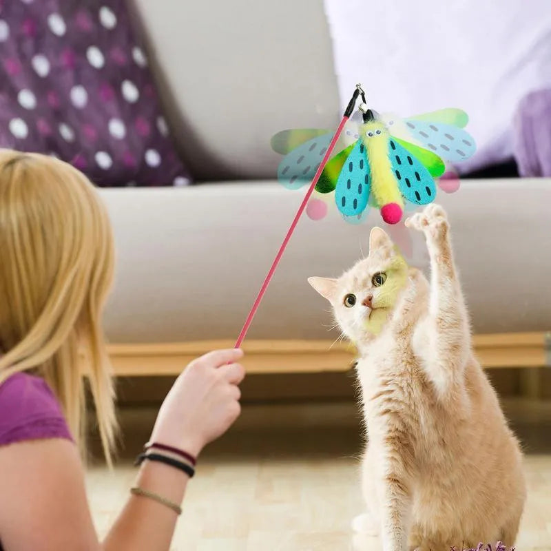 49cm cat wand toy with dragonfly bell attachment in colourful feathers for indoor cat play