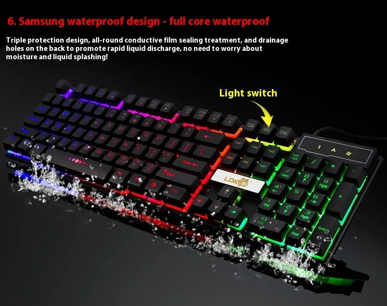 White or black gaming keyboard with glowing LED backlight and USB cable on a desk