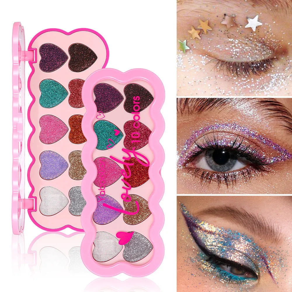 Pearlescent Heart ten-colour sequins eye shadow palette showing shimmering shades including pink, blue, and coral.