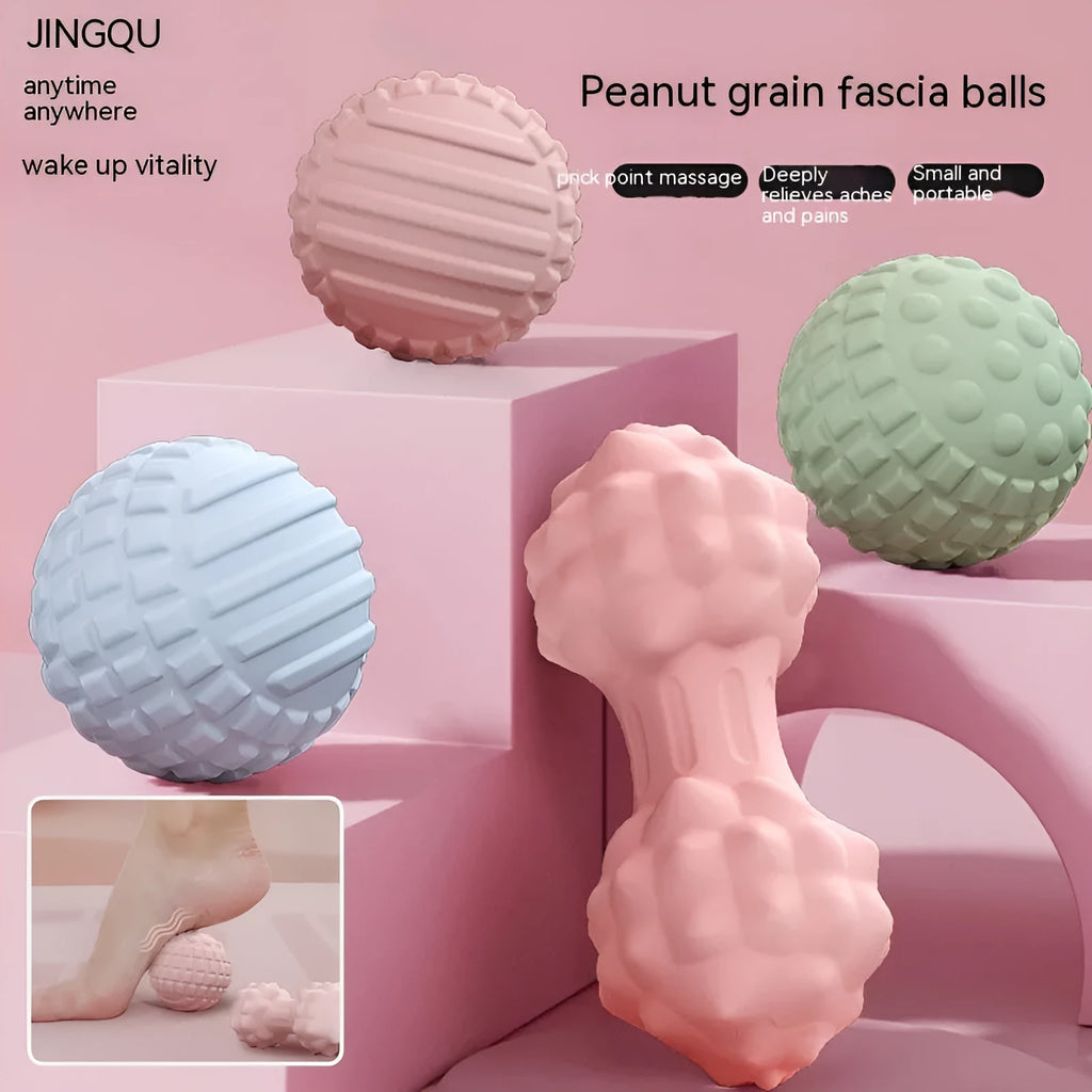 TPR foot massage ball in pink, blue, green, and purple colours with 6cm spherical and peanut shapes