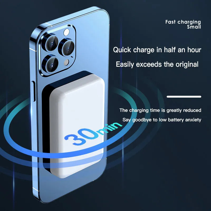20000mAh wireless magnetic power bank in pink purple or white with 20W output and square aluminum shell measuring 100x64x18mm