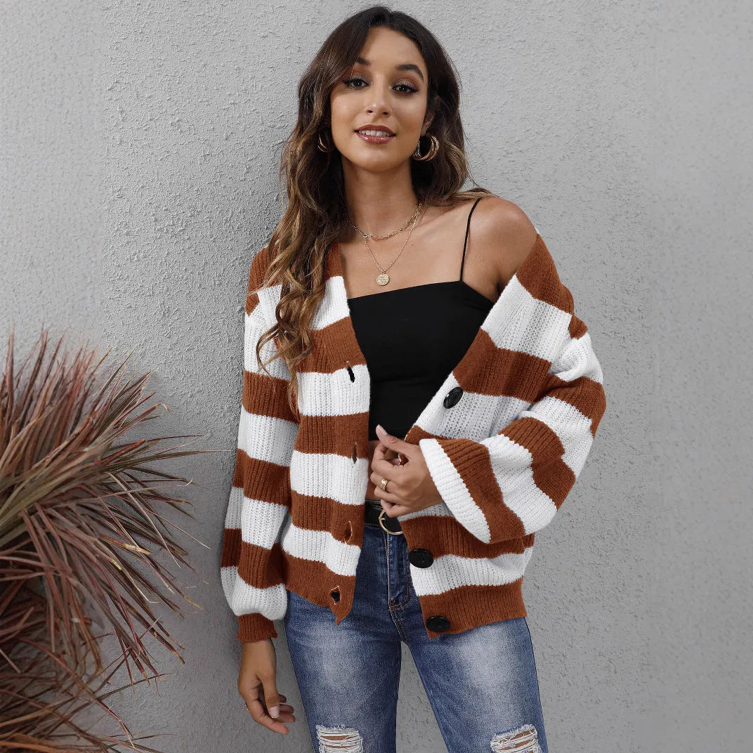 Women's striped deer plush cardigan in blue, black, brown, or dark green with button front