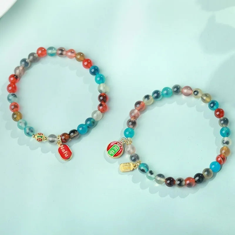 Women's natural agate bracelet with colourful sugar heart glaze and copper coin snake design in geometric style