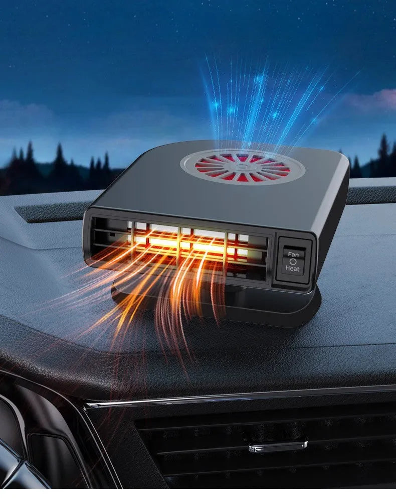 Black compact DC 12V car heater for defrosting and defogging with 360-degree rotation.