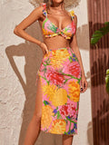 Women's printed three-piece swimsuit set showing top, pants, and skirt in multiple colour options.
