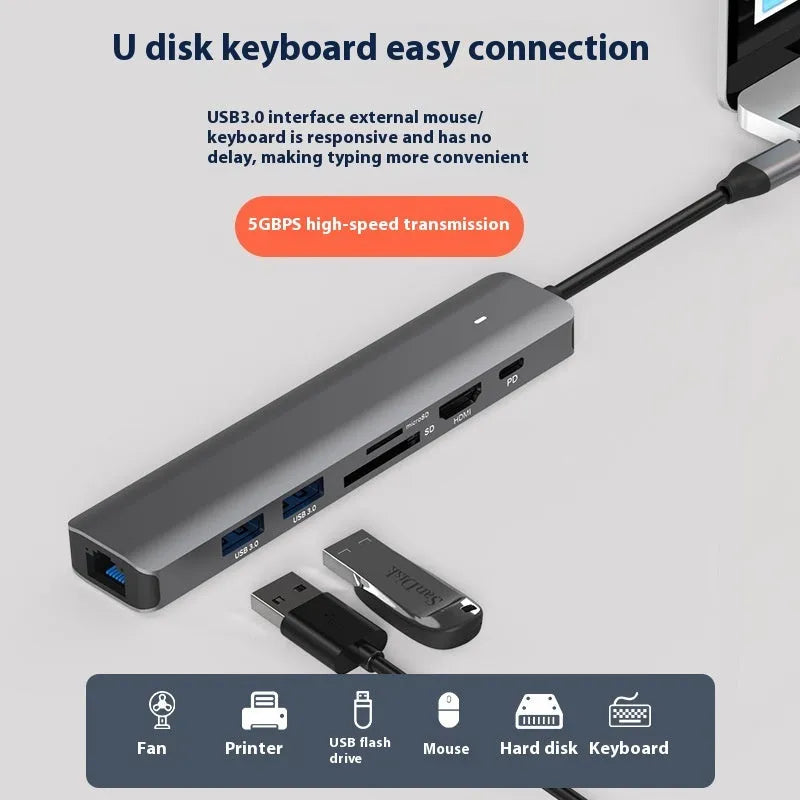 LQT-LH07 7-in-1 USB-C multi-function card reader hub for laptop and desktop.