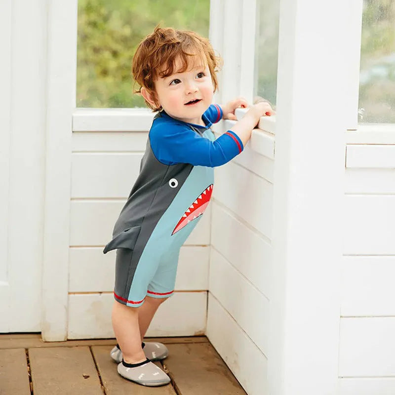 Boys one-piece swimsuit in Blue with Korean cartoon pattern, polyester fabric and lining, sizes S-XL for swimming and wading